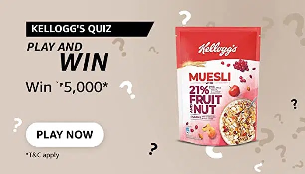 Q1- How Many Different Types Of Grains Are Present In Kellogg’s Muesli With 20% Nuts Delight? Answer – 5  Q2 -Which Grains Are Present In Kellogg’s Muesli With 21% Fruit, Nut & Seeds? Answer – Wheat, Oats, Corn, Rice, Barley   Q3 – Which Of These Grains Has The Highest Dietary Fibre%? Answer – Barley  Q4 – What Quantity Of Fruits, Nuts & Seeds Is Present In Kellogg’s Muesli – Fruit, Nut & Seeds Variant? Answer – 21%  Q5 – Kellogg’s Muesli Is High In Iron & Vitamin C Answer – True